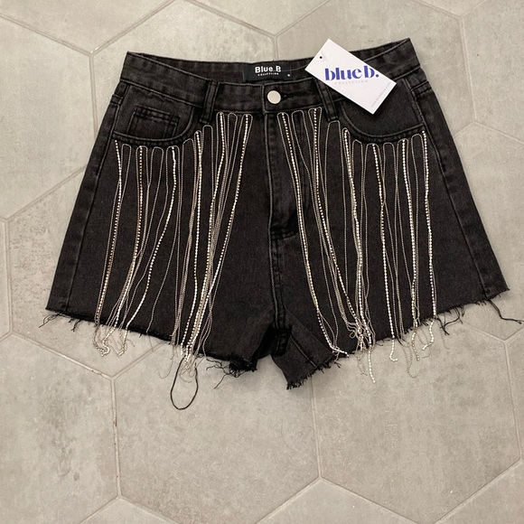 Blue Blush Pants - Festival rhinestone fringe cut off shorts